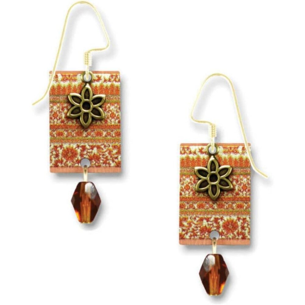 Lemon Tree Rectangle Flower Charm & Orange Crystal Gold Hook Earrings 4038 NEW